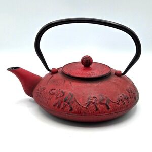 Vintage Japanese Teapot Teavana Cast Iron Red With Elephants RETRO‎